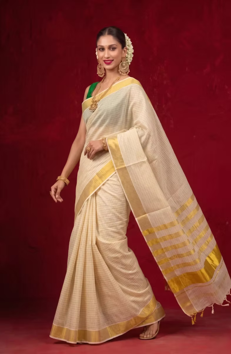 Golden Block Stripe Tassel Tissue Kasavu Saree with Running Blouse