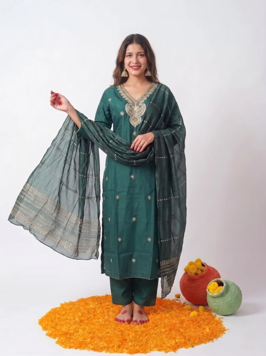 Deep Teal Green Kurta Set with Intricate Zari Embroidered Yoke & Sheer Woven Dup