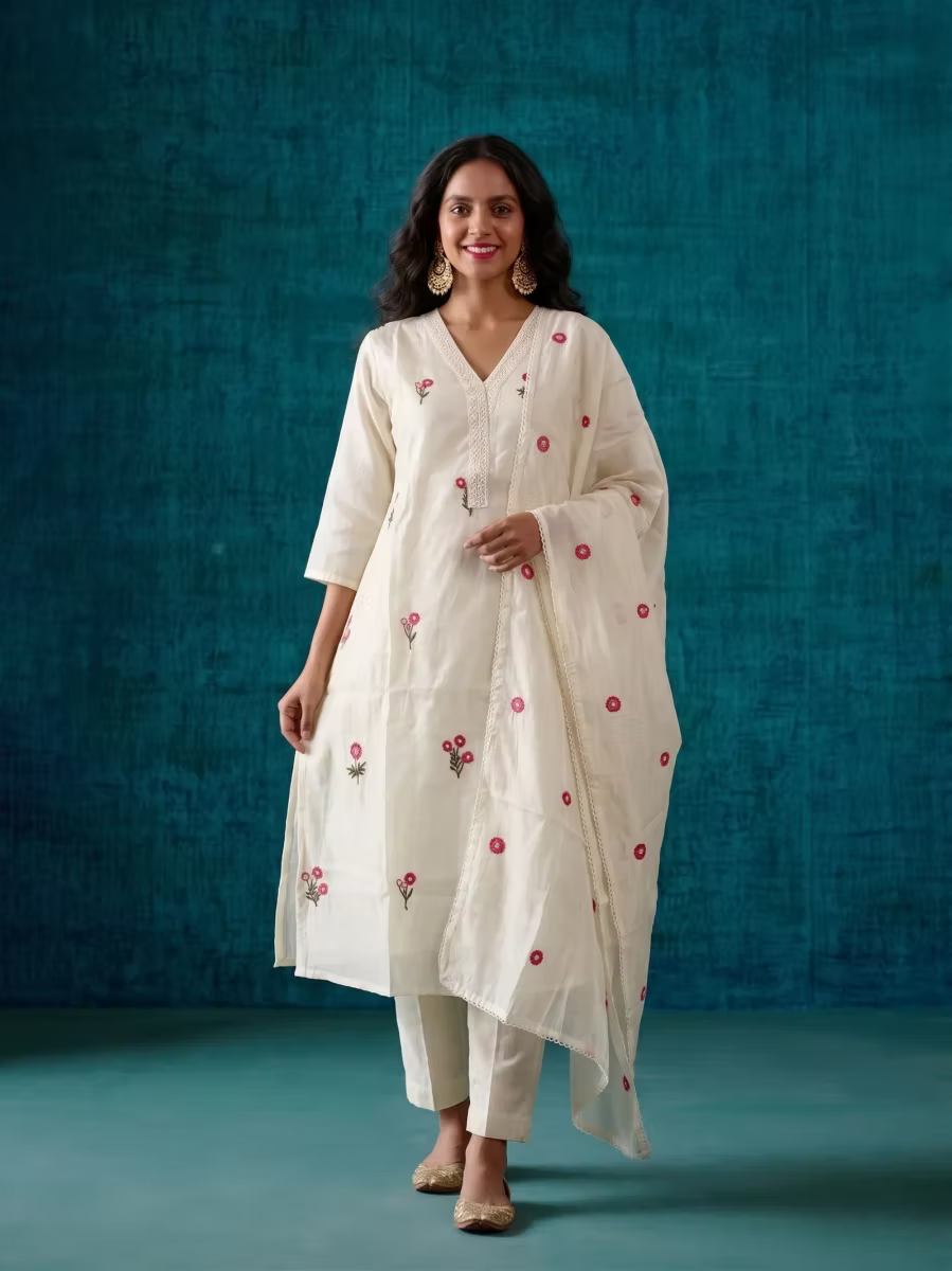 Elegant Ivory Pink Floral Thread Embroidery Kurta Set with Dupatta