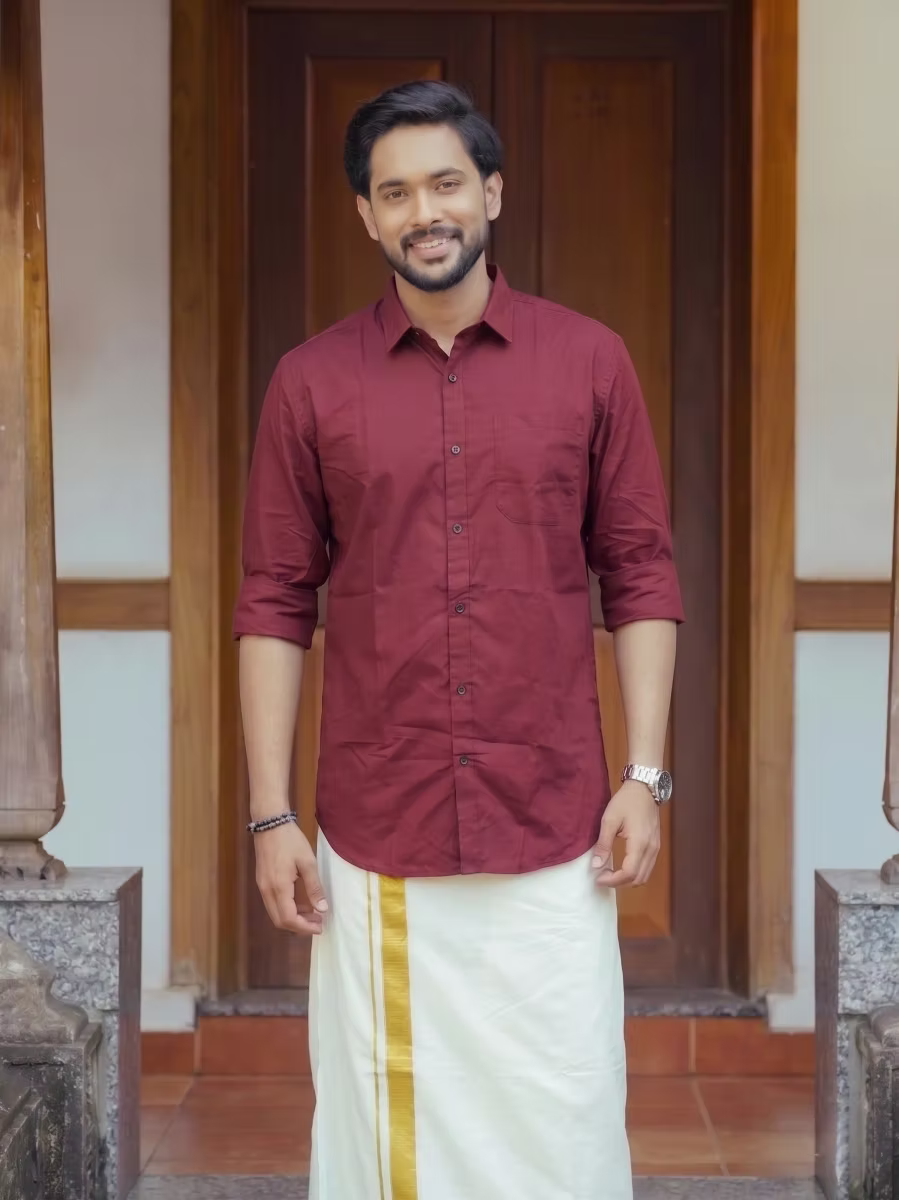 Maroon Shirt and Kasavu Mundu Dhoti Combo
