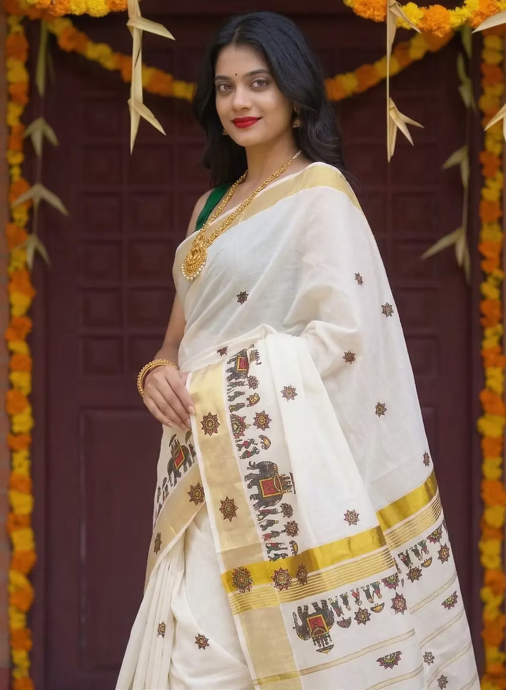 Traditional Elephant Mural Stripe Cotton Kasavu Saree With Blouse