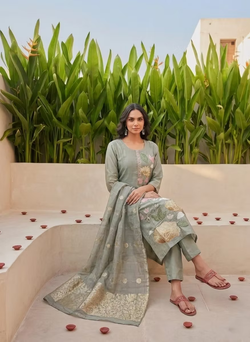 Sage Green Floral Embroidery Kurta Set with Silver Zari Dupatta