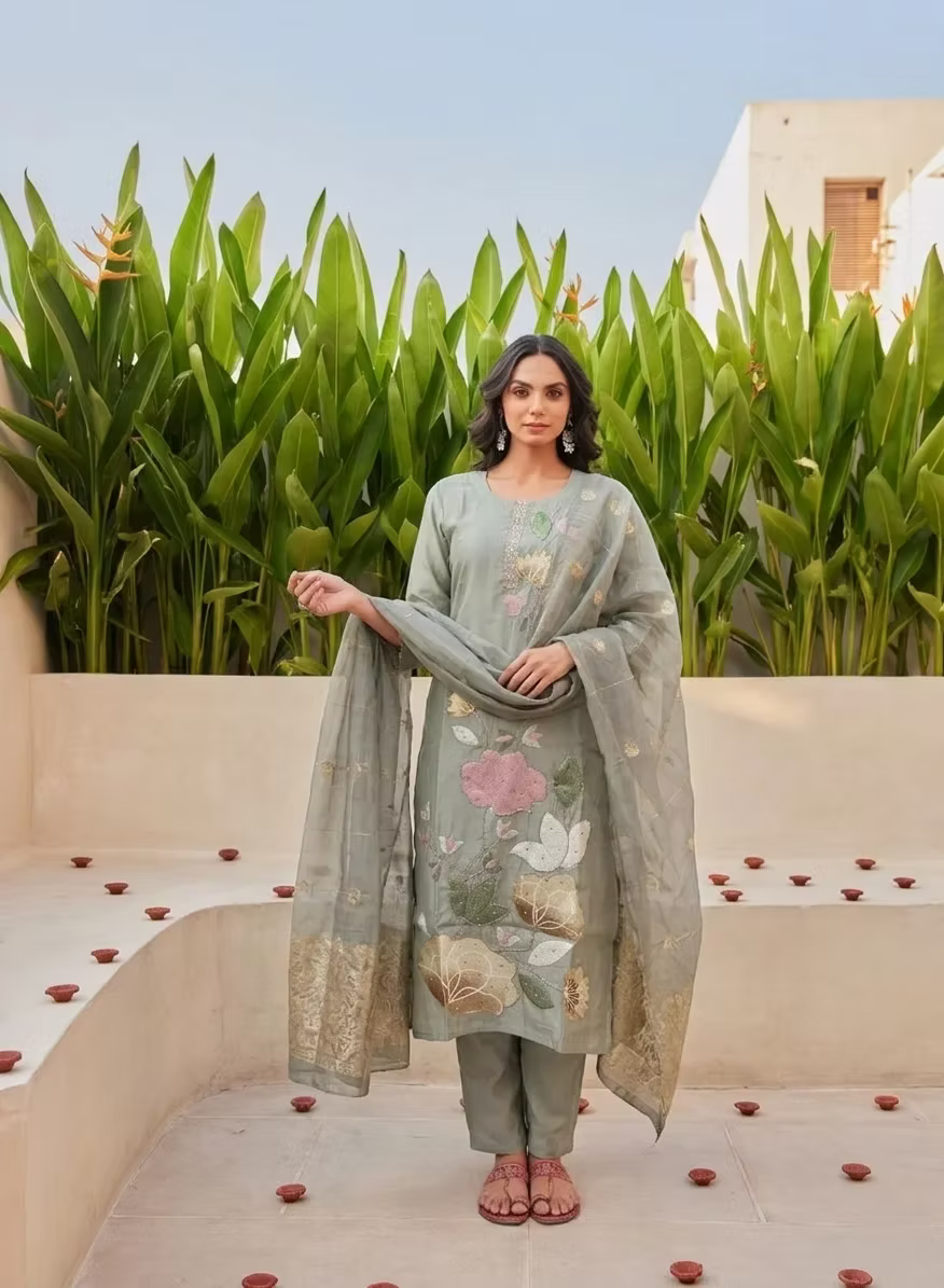 Sage Green Floral Embroidery Kurta Set with Silver Zari Dupatta