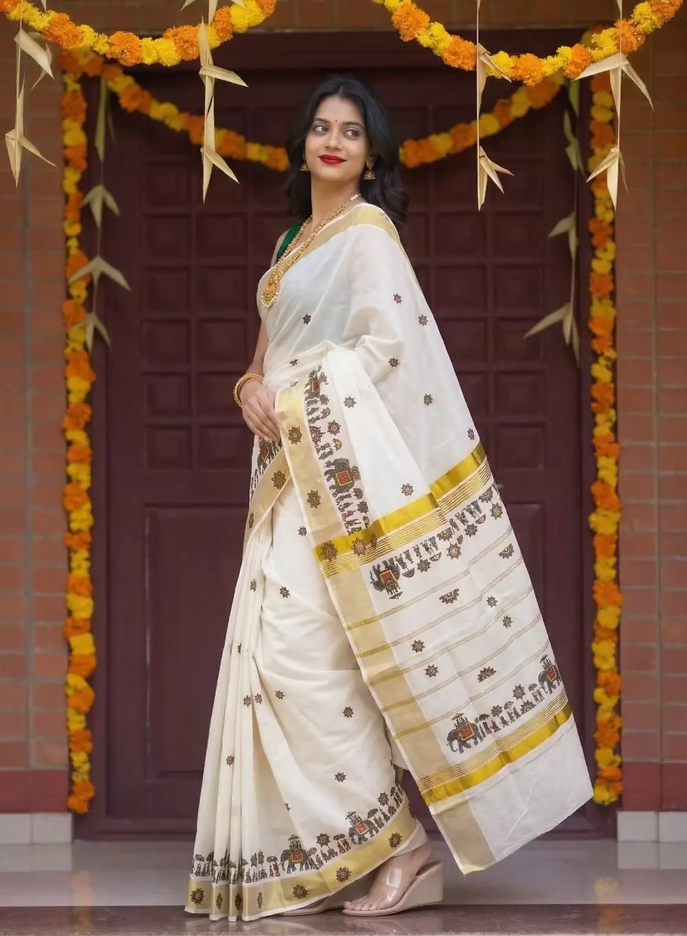 Traditional Elephant Mural Stripe Cotton Kasavu Saree With Blouse