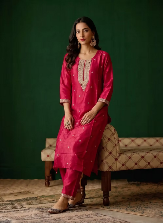 Deep Pink Embroidered Kurta Set with Dupatta