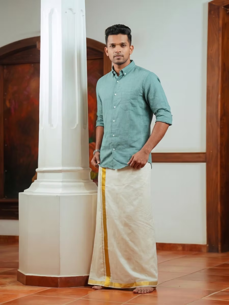 Teal Blue Linen Cotton Shirt and Kasavu Mundu Dhoti Combo