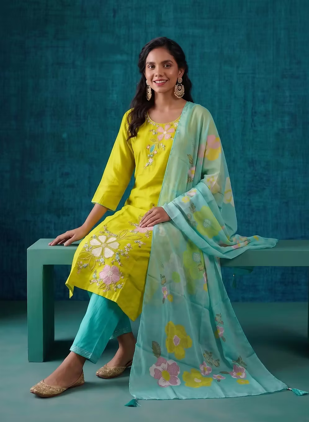 Lime Yellow Multicolor Bloom Embroidery Kurta Set With Turquoise Dupatta