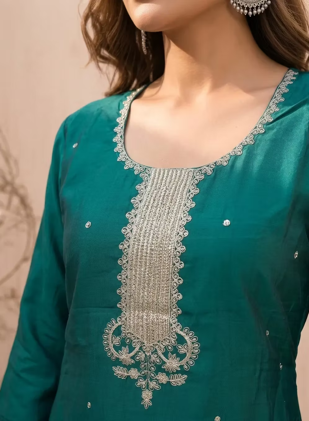 Teal Green Kurta Set with Silver Embroidery With Bloom Dupatta