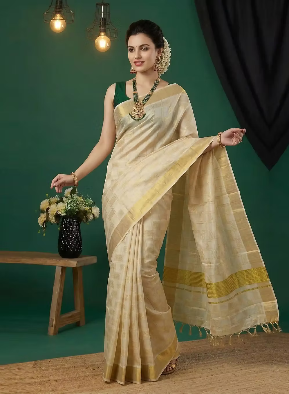 Golden Check Stripe Kasavu Cotton Saree With Tussel