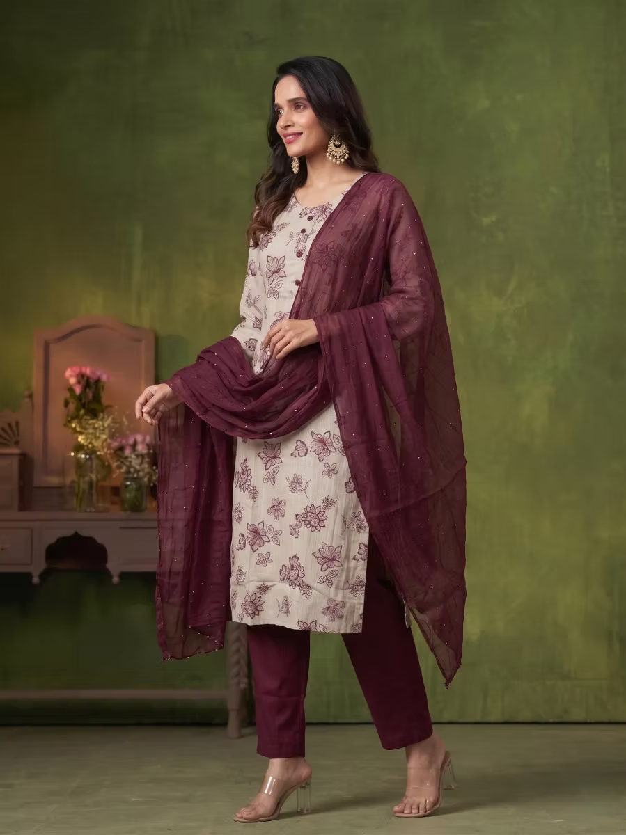 Beige Floral Kurta Set with Burgundy Dupatta