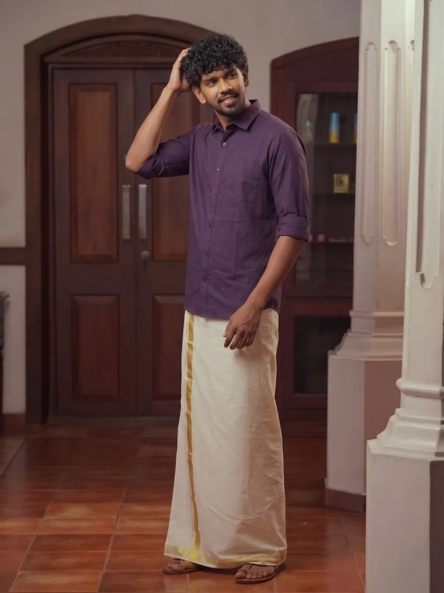 Purple Shirt and Kasavu Mundu Dhoti Combo Set