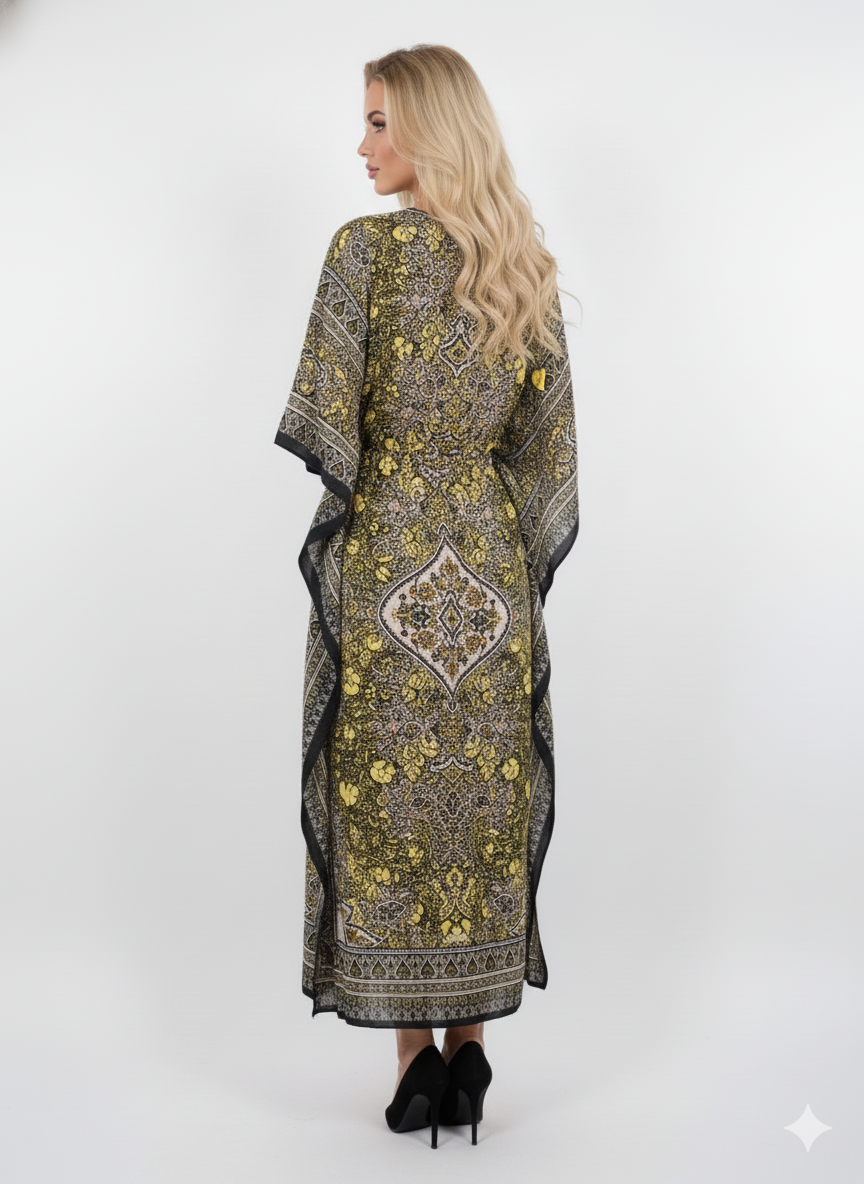 Striking Yellow/Black Paisley Kaftan | Polyester Maxi Dress | Jalabiya — GLAMOURA-X