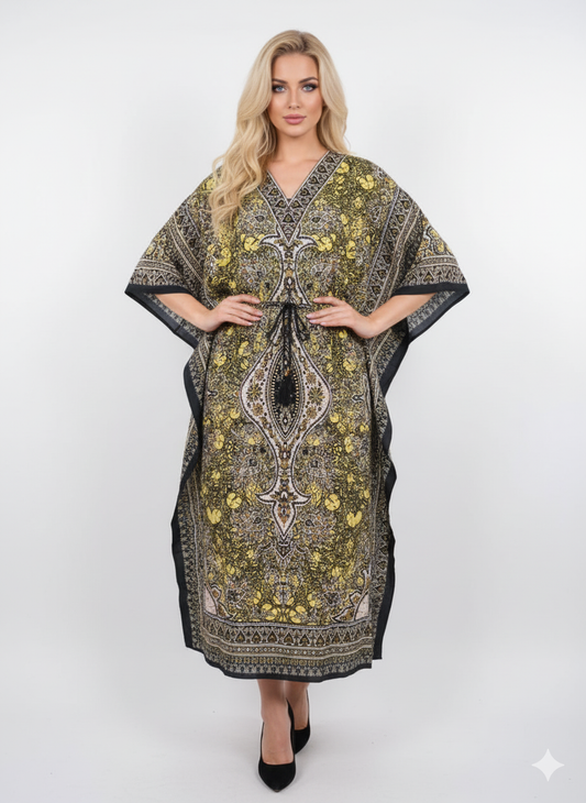 Striking Yellow/Black Paisley Kaftan | Polyester Maxi Dress | Jalabiya — GLAMOURA-X