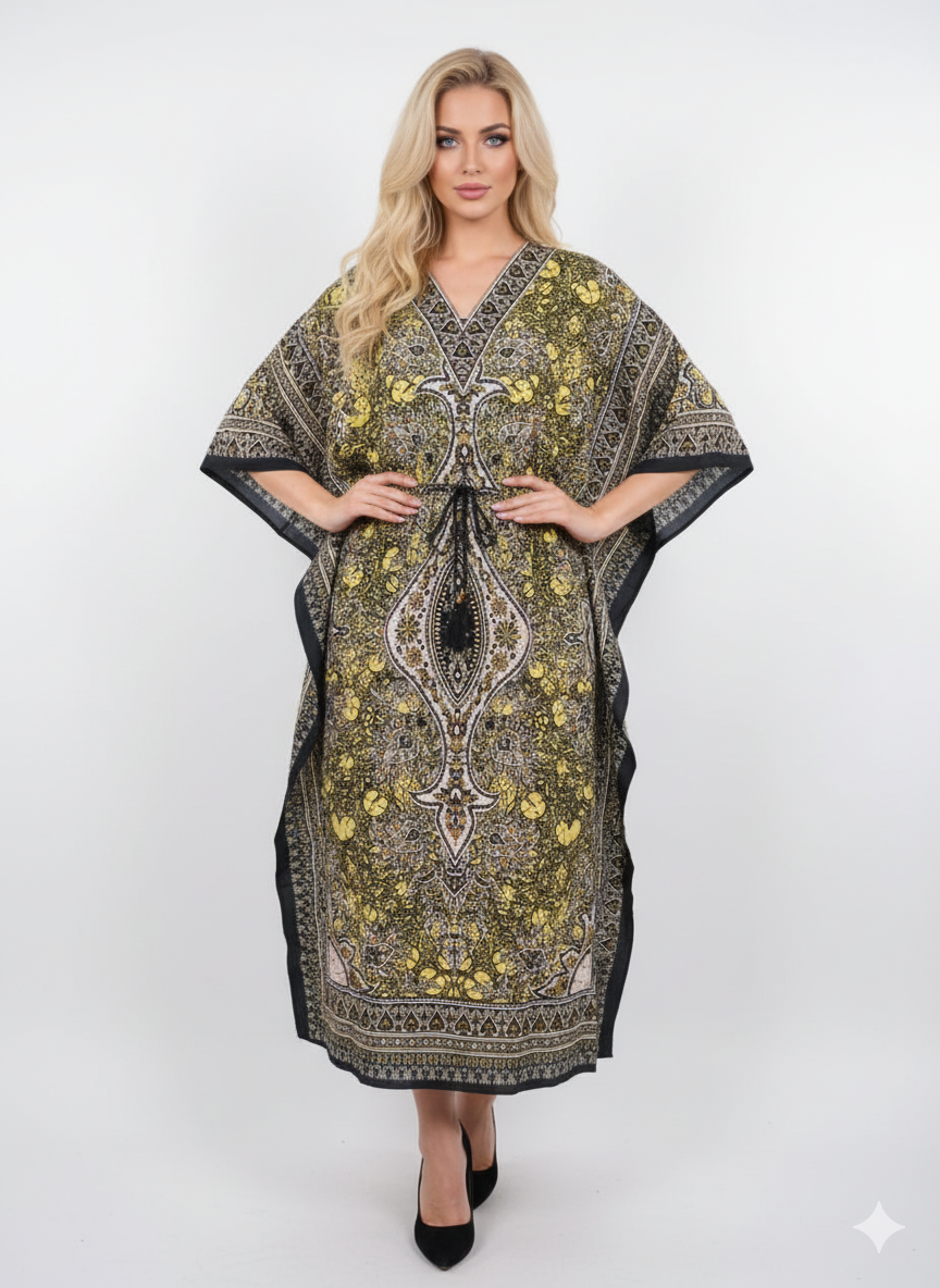 Striking Yellow/Black Paisley Kaftan | Polyester Maxi Dress | Jalabiya — GLAMOURA-X