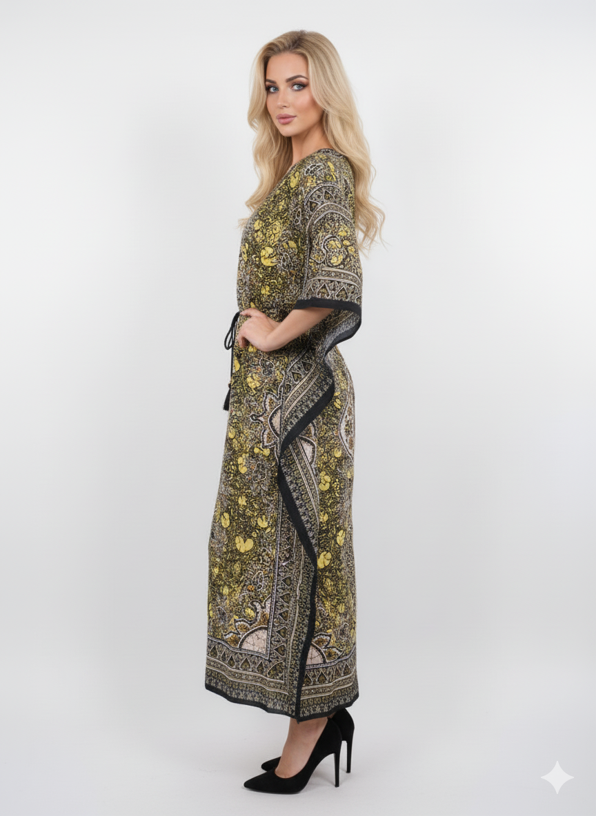Striking Yellow/Black Paisley Kaftan | Polyester Maxi Dress | Jalabiya — GLAMOURA-X