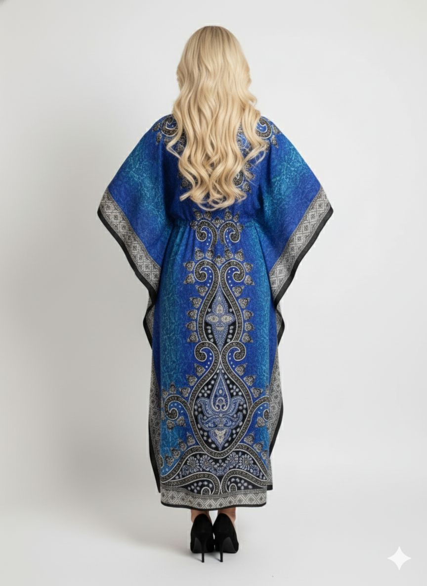 Stylish Blue Paisley Print Kaftan | Modest Polyester Maxi Dress | Jalabiya — GLAMOURA-X