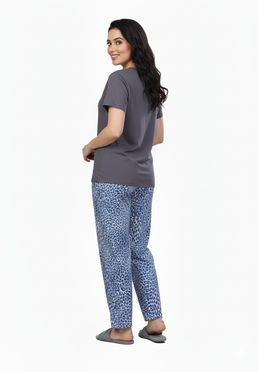 Grey Leopard Print | Rayon Cotton T-Shirt Pajamas Set | Loungewear Nightwear