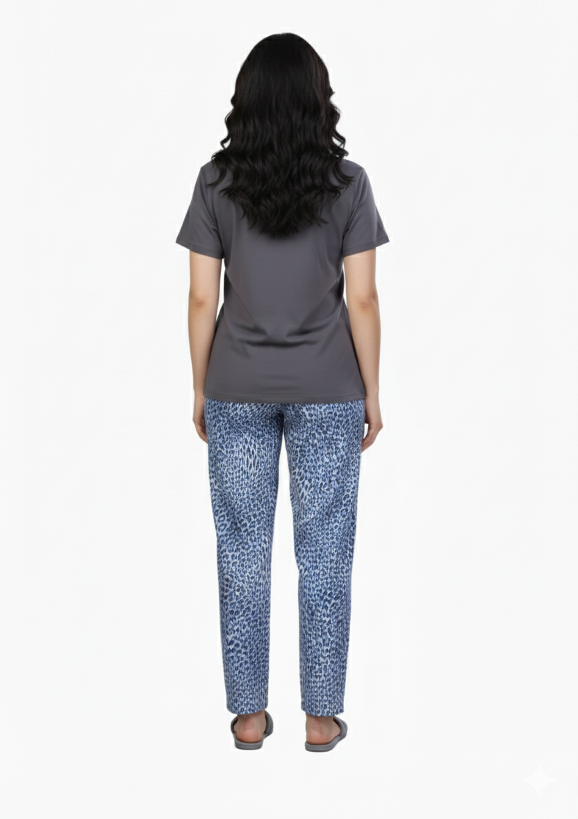 Grey Leopard Print | Rayon Cotton T-Shirt Pajamas Set | Loungewear Nightwear