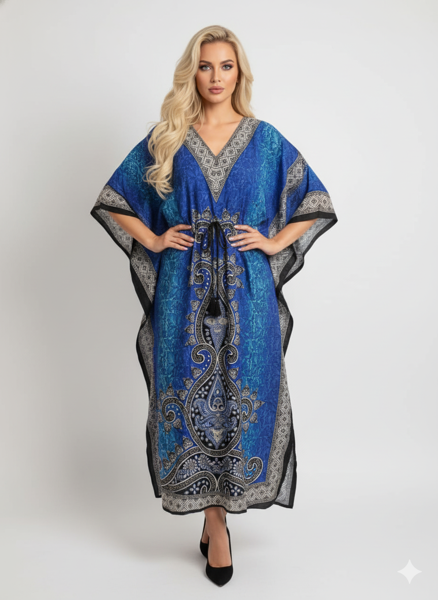 Stylish Blue Paisley Print Kaftan | Modest Polyester Maxi Dress | Jalabiya — GLAMOURA-X