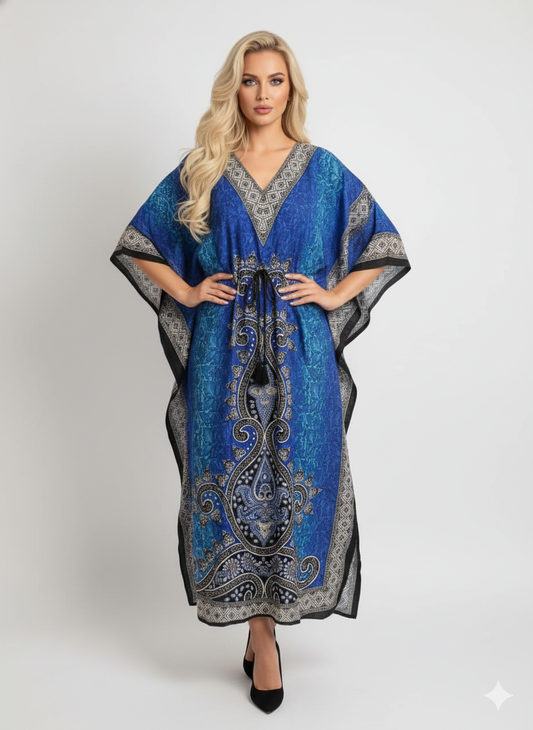 Stylish Blue Paisley Print Kaftan | Modest Polyester Maxi Dress | Jalabiya — GLAMOURA-X