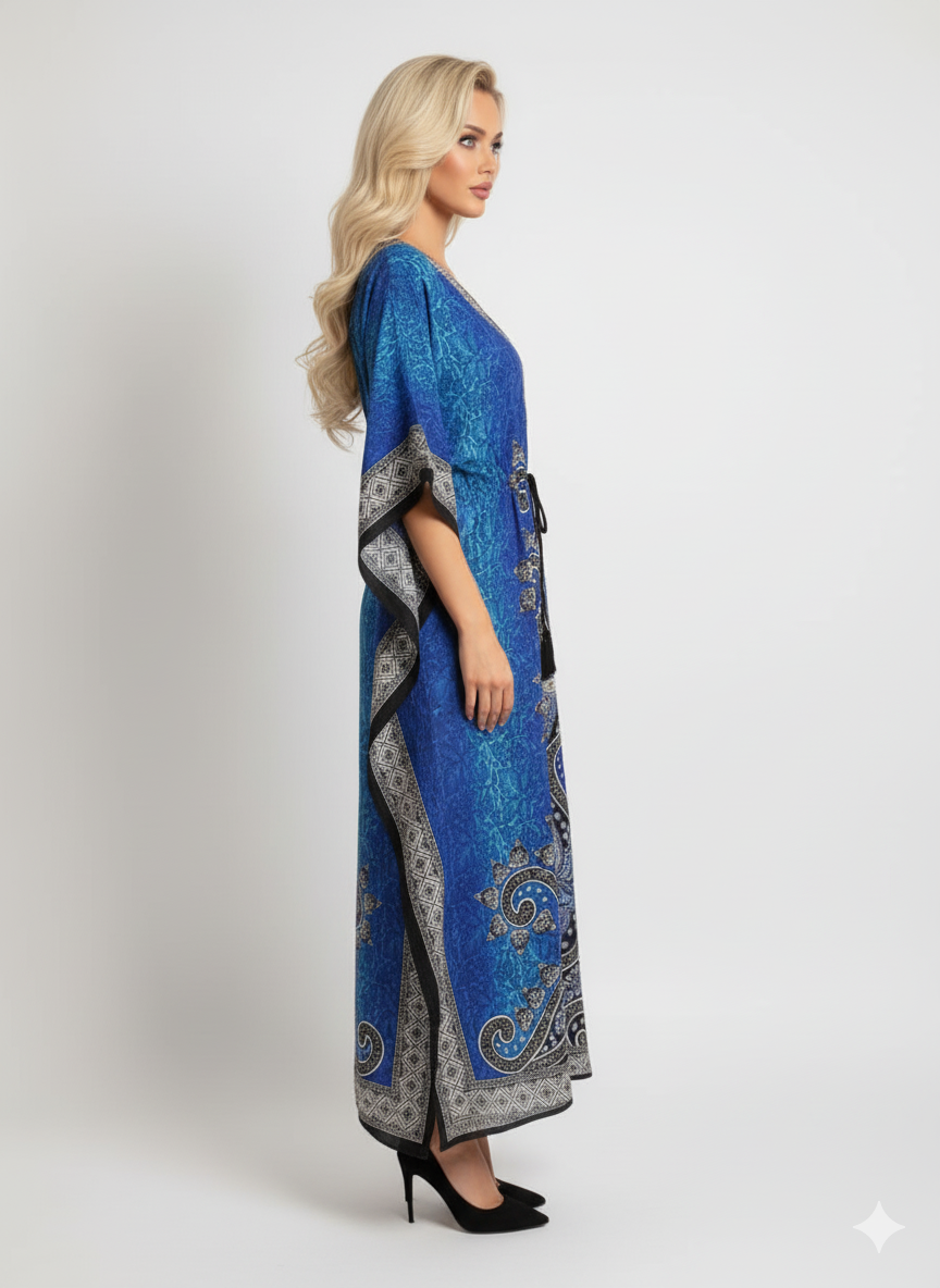 Stylish Blue Paisley Print Kaftan | Modest Polyester Maxi Dress | Jalabiya — GLAMOURA-X