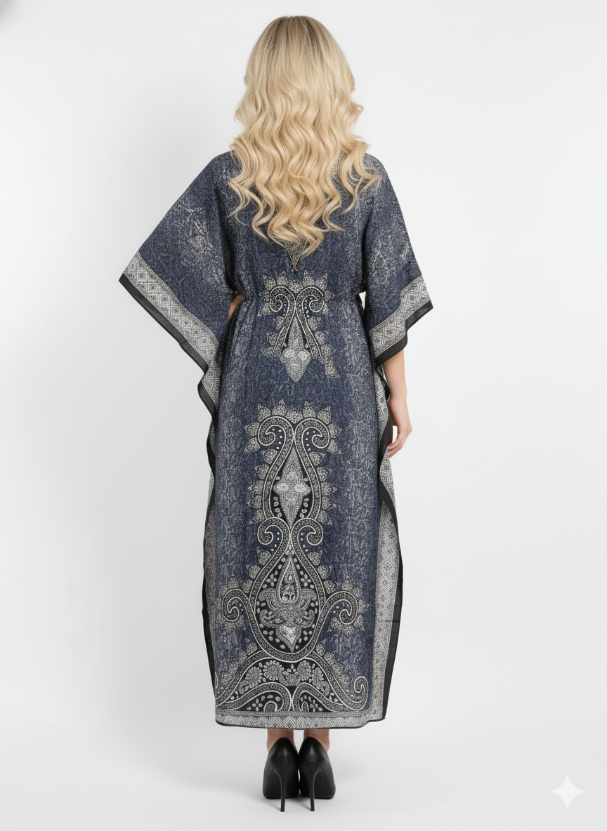 The Grey & Black Patchwork Paisley Kaftan — GLAMOURA-X