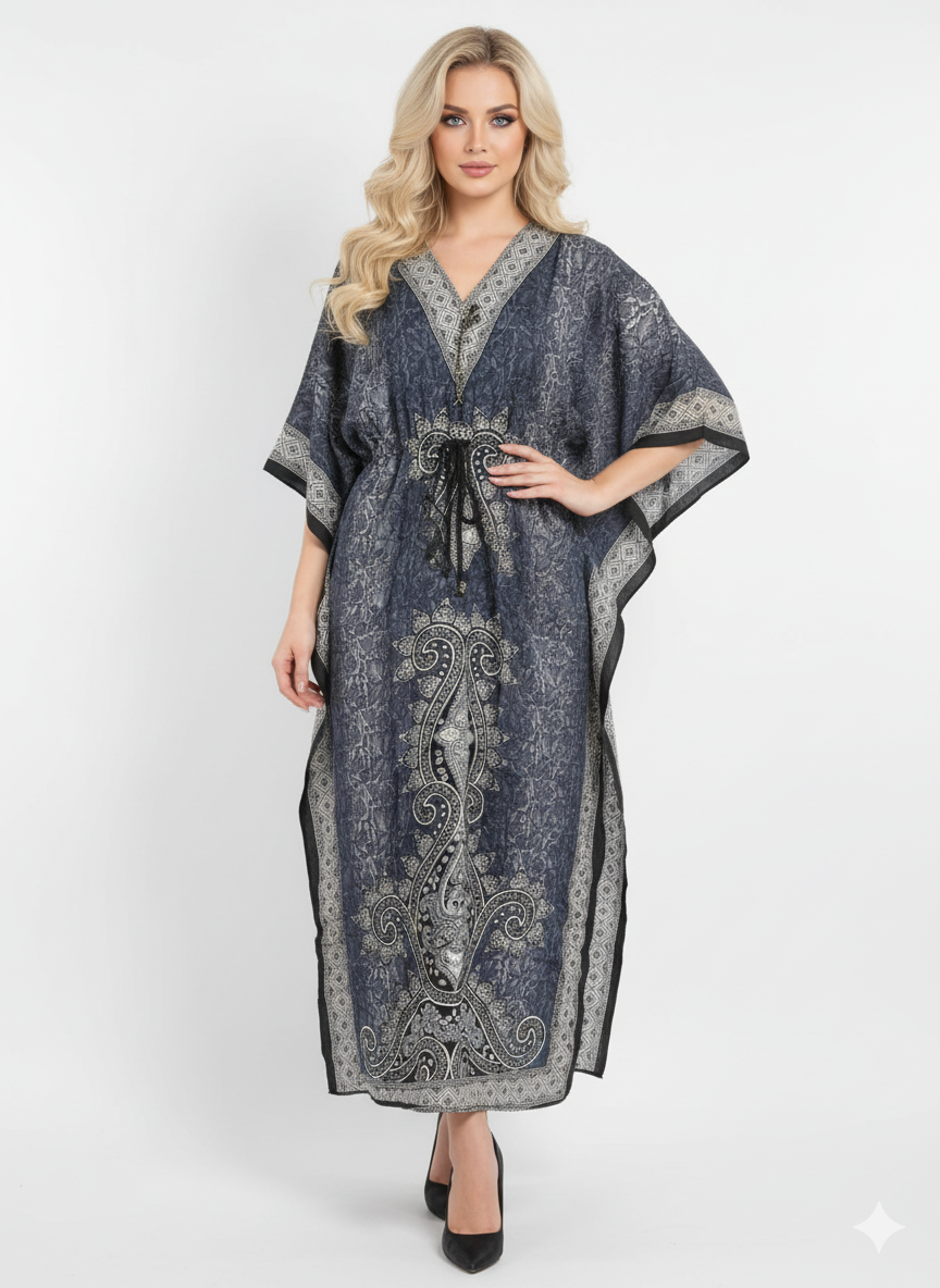 The Grey & Black Patchwork Paisley Kaftan — GLAMOURA-X