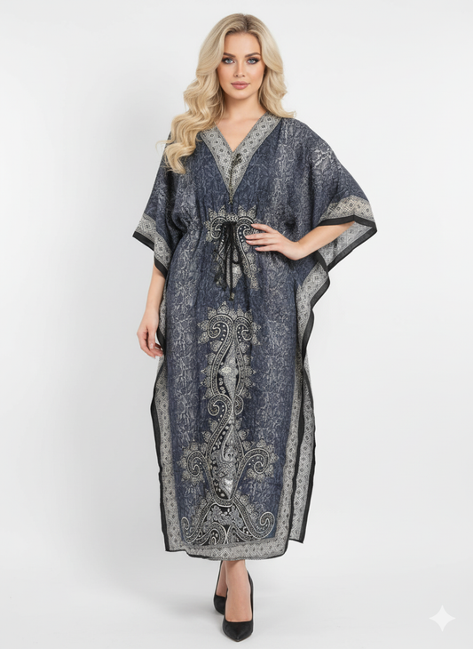 The Grey & Black Patchwork Paisley Kaftan — GLAMOURA-X