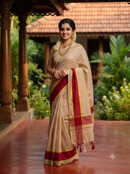 Maroon Zari Stripe Tassel Tissue Kerala Saree with Blouse