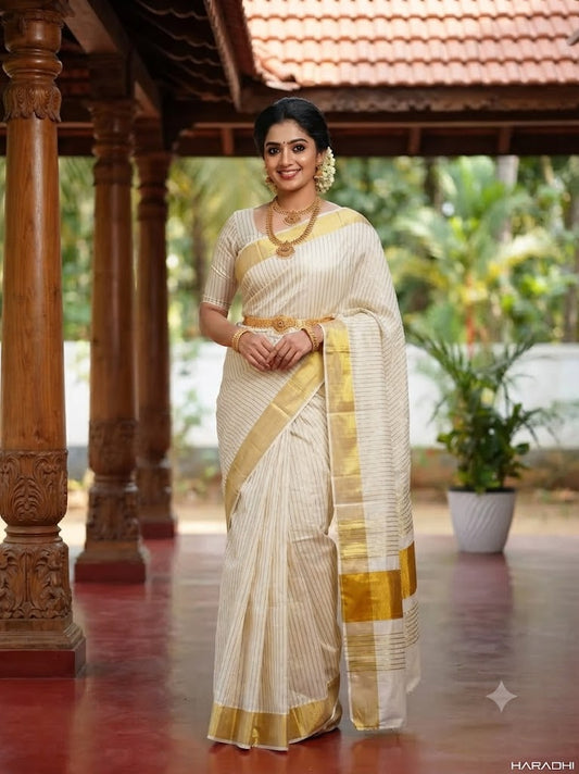 Premium Golden Stripe Premium Pure Cotton Handloom Kasavu Saree