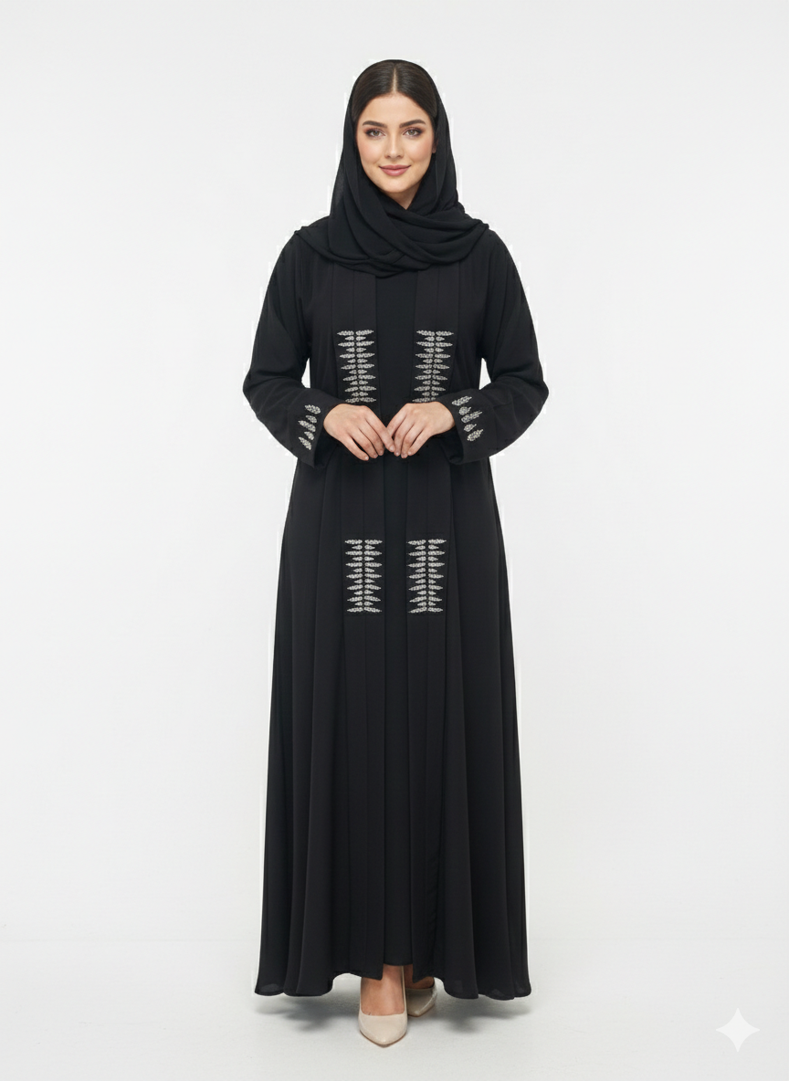 Glamoura X Obsidian Frost Black Abaya with Silver Diamond Work