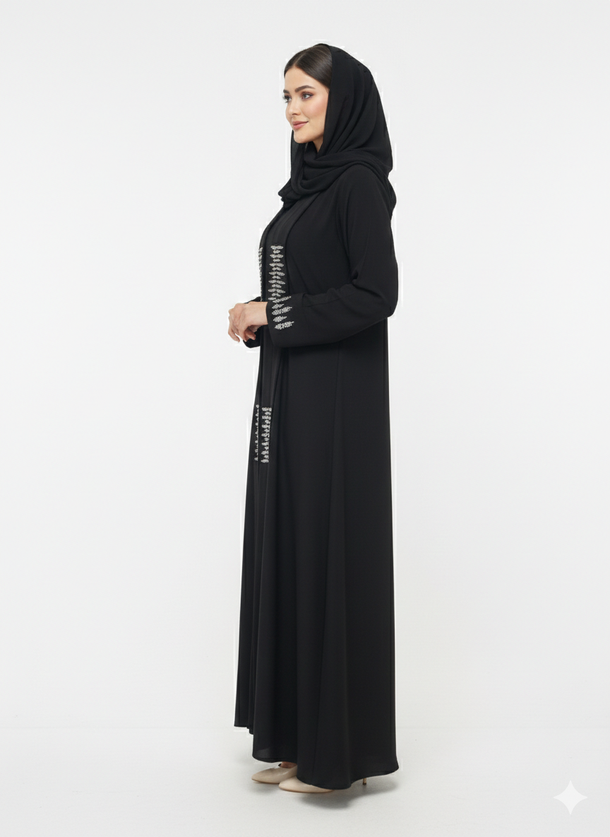 Glamoura X Obsidian Frost Black Abaya with Silver Diamond Work