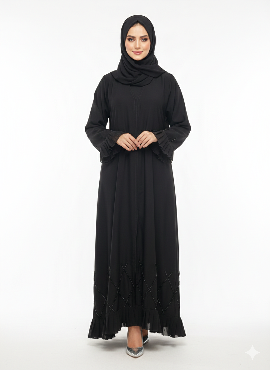Glamoura X Midnight Cascade Black Frilled & Diamond-Beaded Abaya