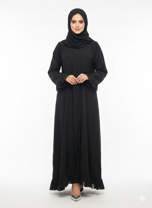 Glamoura X Midnight Cascade Black Frilled & Diamond-Beaded Abaya