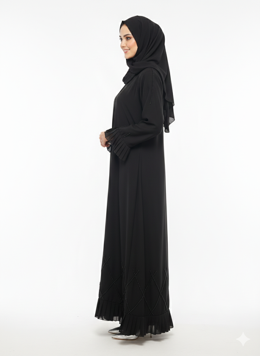 Glamoura X Midnight Cascade Black Frilled & Diamond-Beaded Abaya