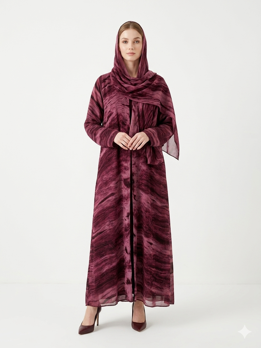 Glamoura X Enchanting Wine Marble-Print Chiffon Modest Abaya