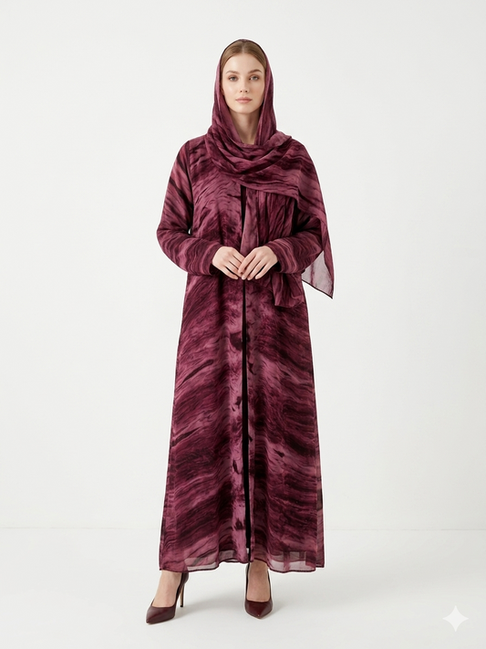 Glamoura X Enchanting Wine Marble-Print Chiffon Modest Abaya