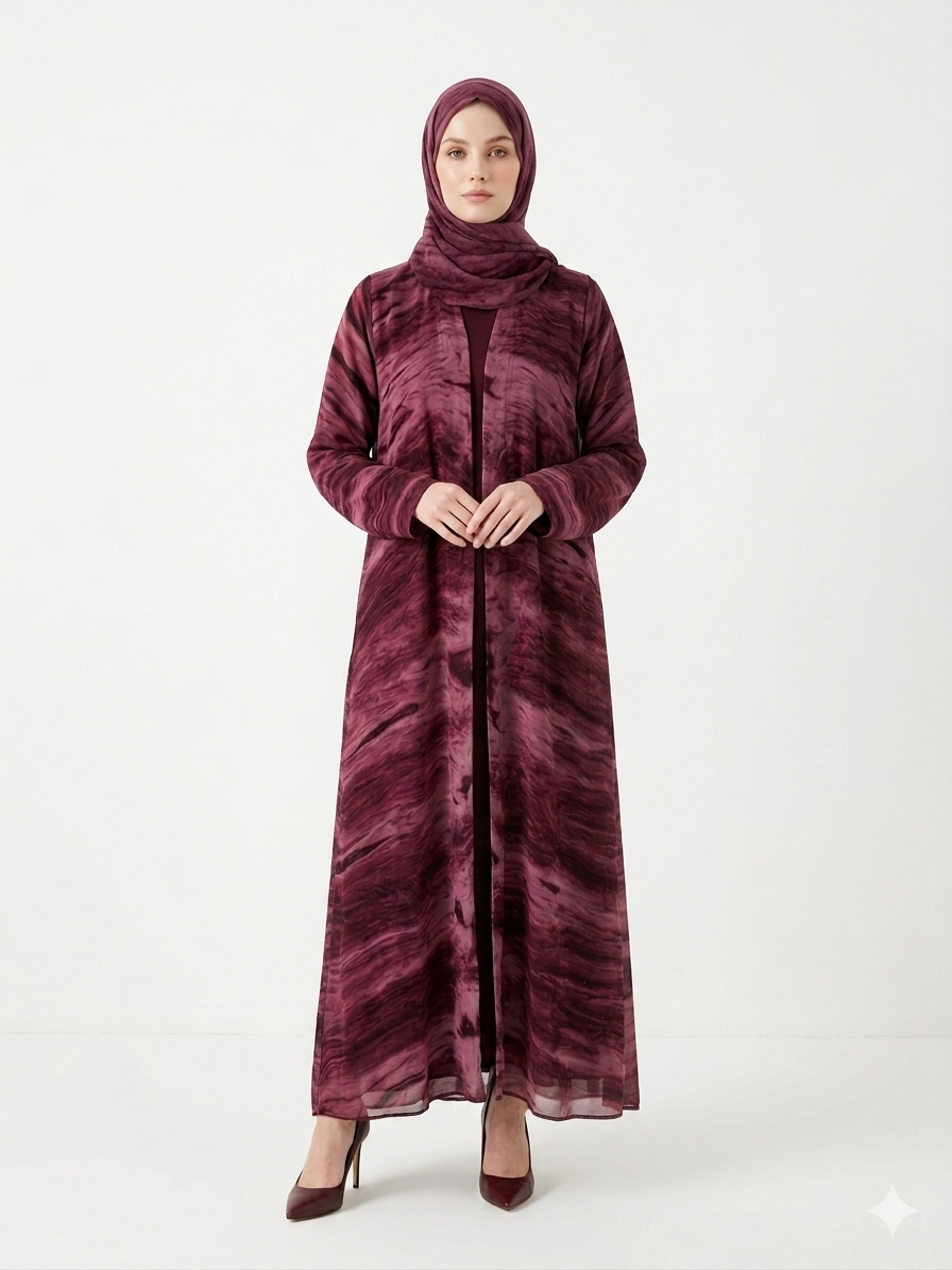 Glamoura X Enchanting Wine Marble-Print Chiffon Modest Abaya