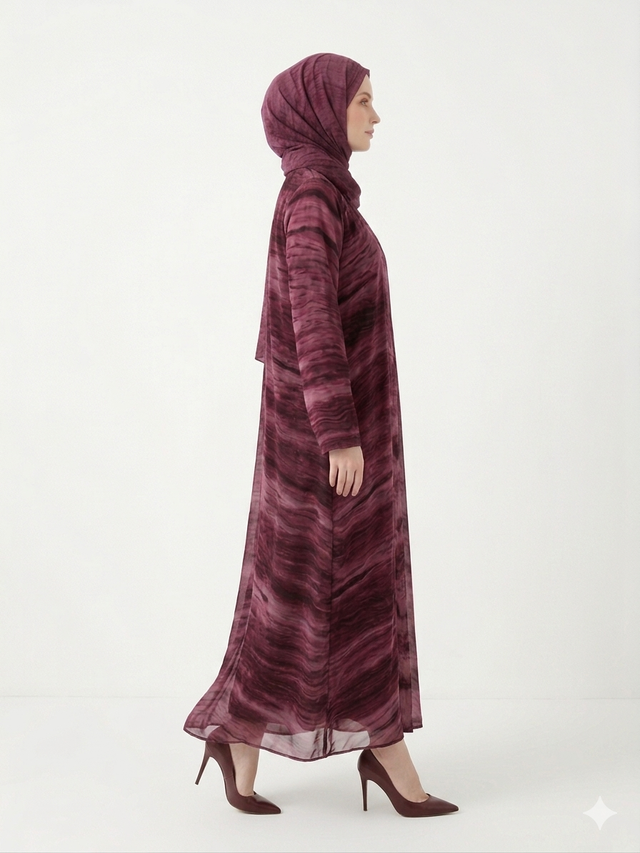 Glamoura X Enchanting Wine Marble-Print Chiffon Modest Abaya