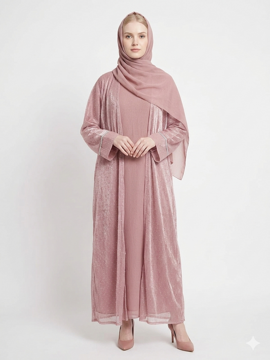 Glamoura X Rose Dust Embellished Kimono Abaya | Elegant Pink Modest Wear