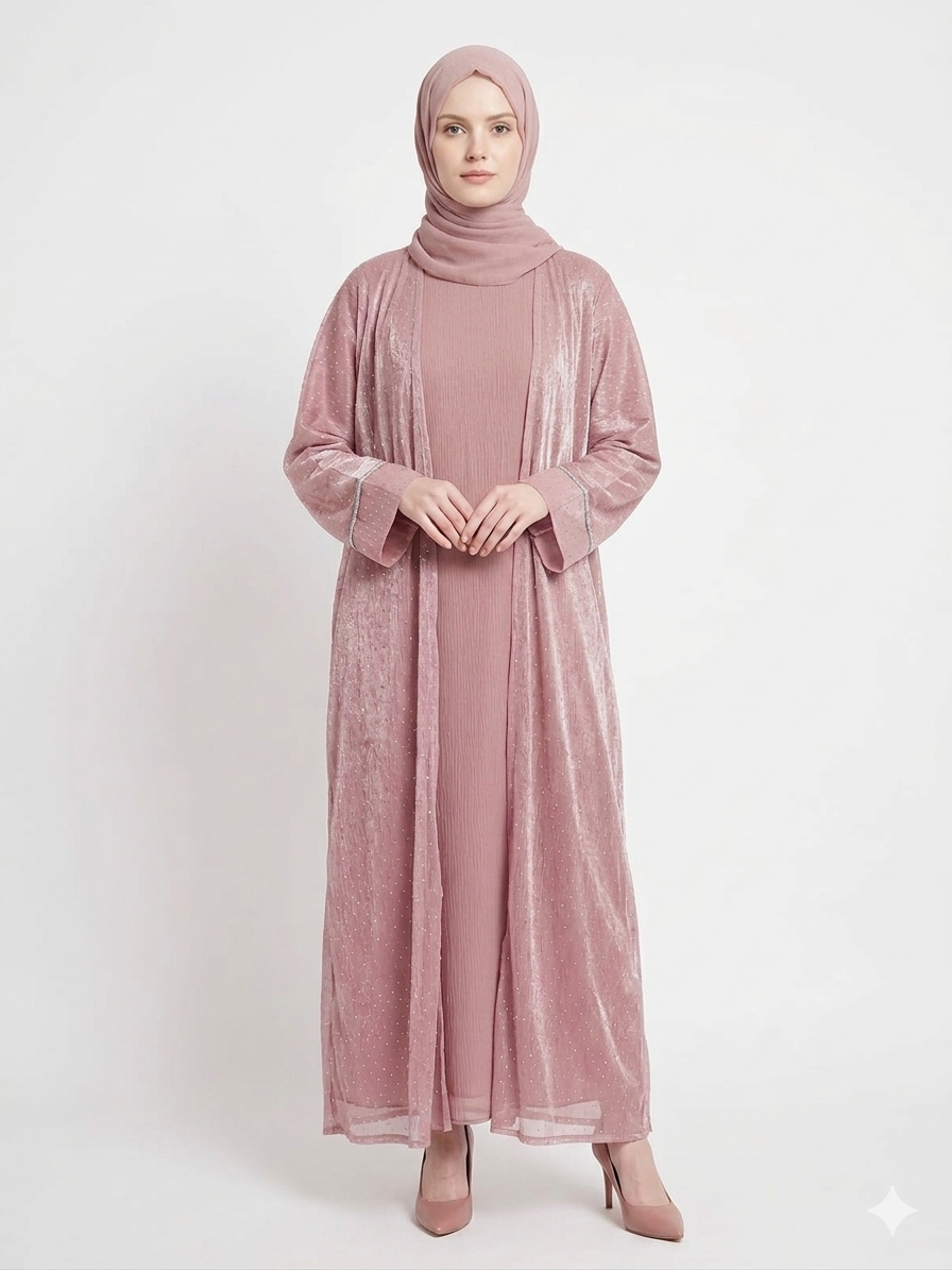 Glamoura X Rose Dust Embellished Kimono Abaya | Elegant Pink Modest Wear