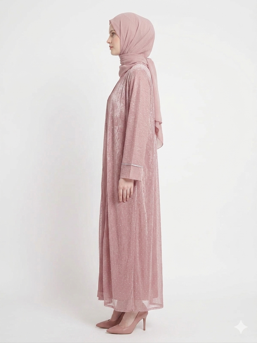 Glamoura X Rose Dust Embellished Kimono Abaya | Elegant Pink Modest Wear