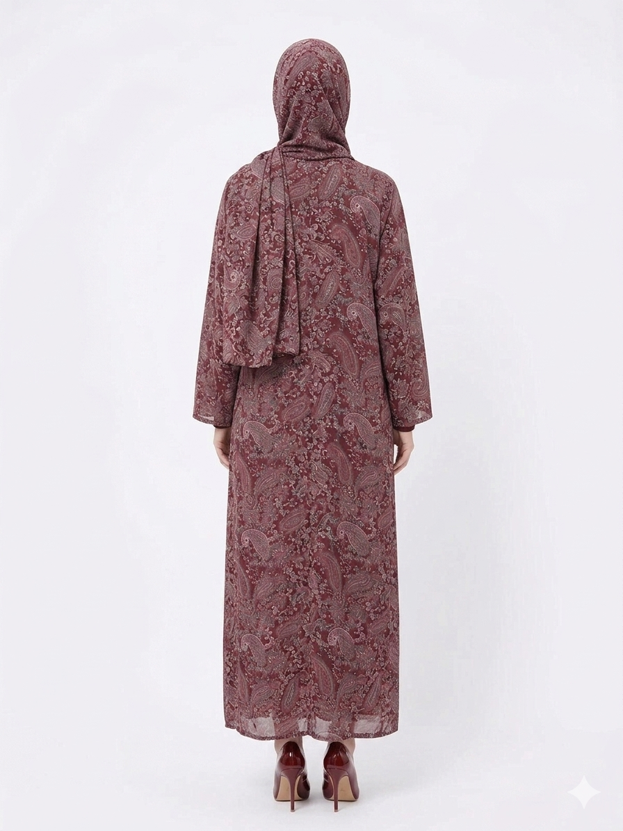 Glamoura X Regal Bordeaux Paisley Pashmina Feel Kimono Abaya