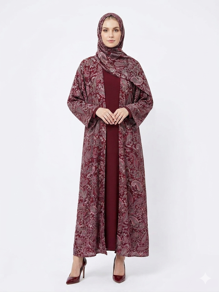 Glamoura X Regal Bordeaux Paisley Pashmina Feel Kimono Abaya