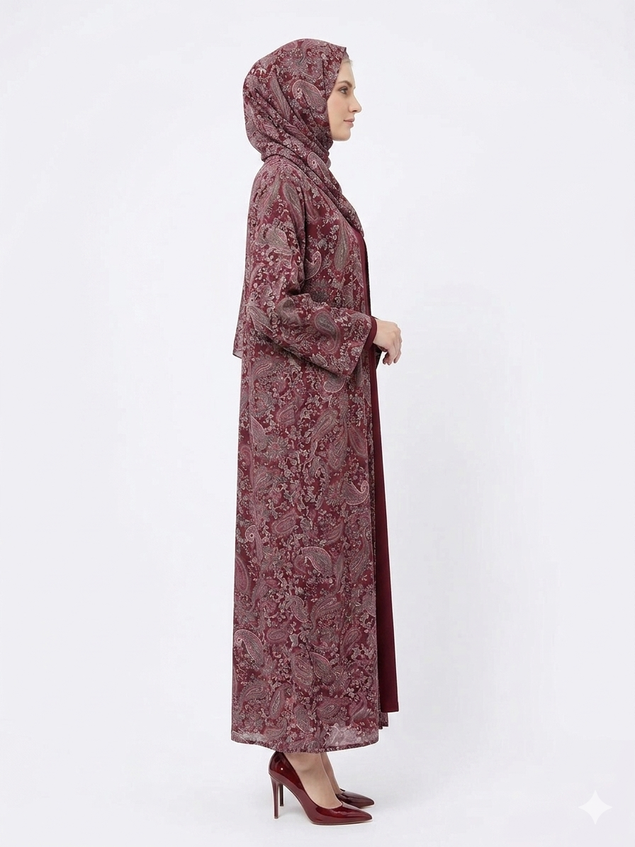 Glamoura X Regal Bordeaux Paisley Pashmina Feel Kimono Abaya