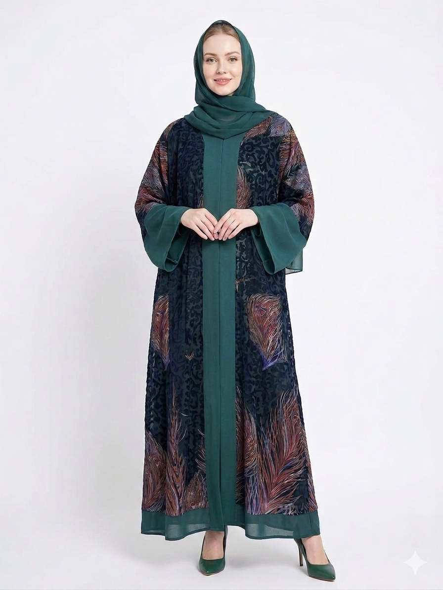 Glamoura X Emerald Serenity Dark Green Sheer Chiffon Abaya