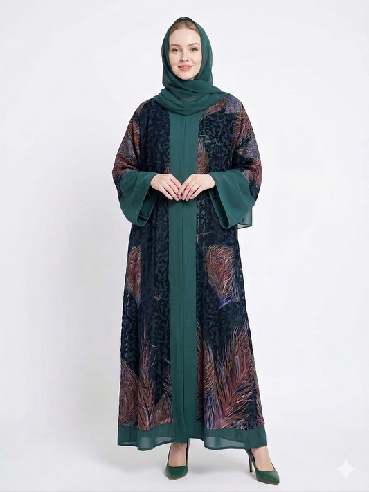 Glamoura X Emerald Serenity Dark Green Sheer Chiffon Abaya
