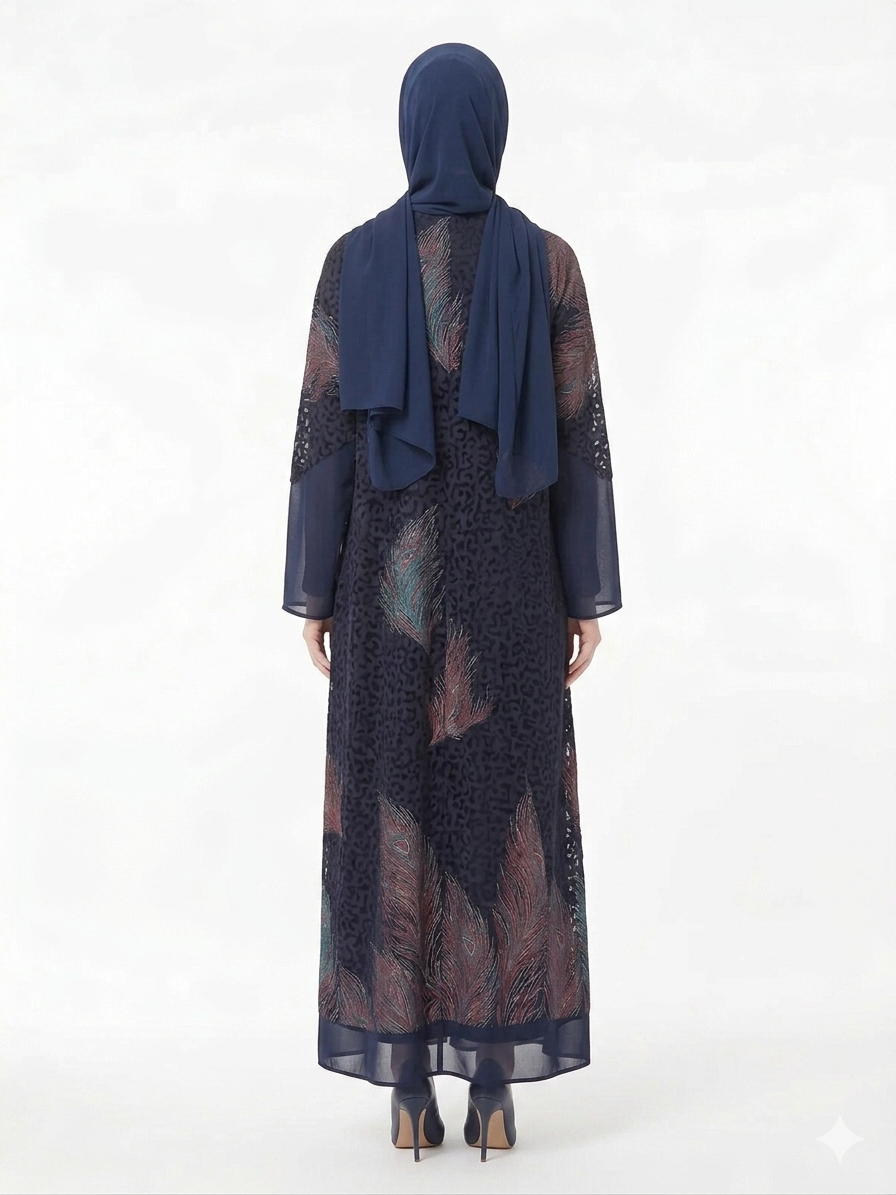 Glamoura X Midnight Navy Sheer Chiffon Printed Abaya | Luxury Modest Wear