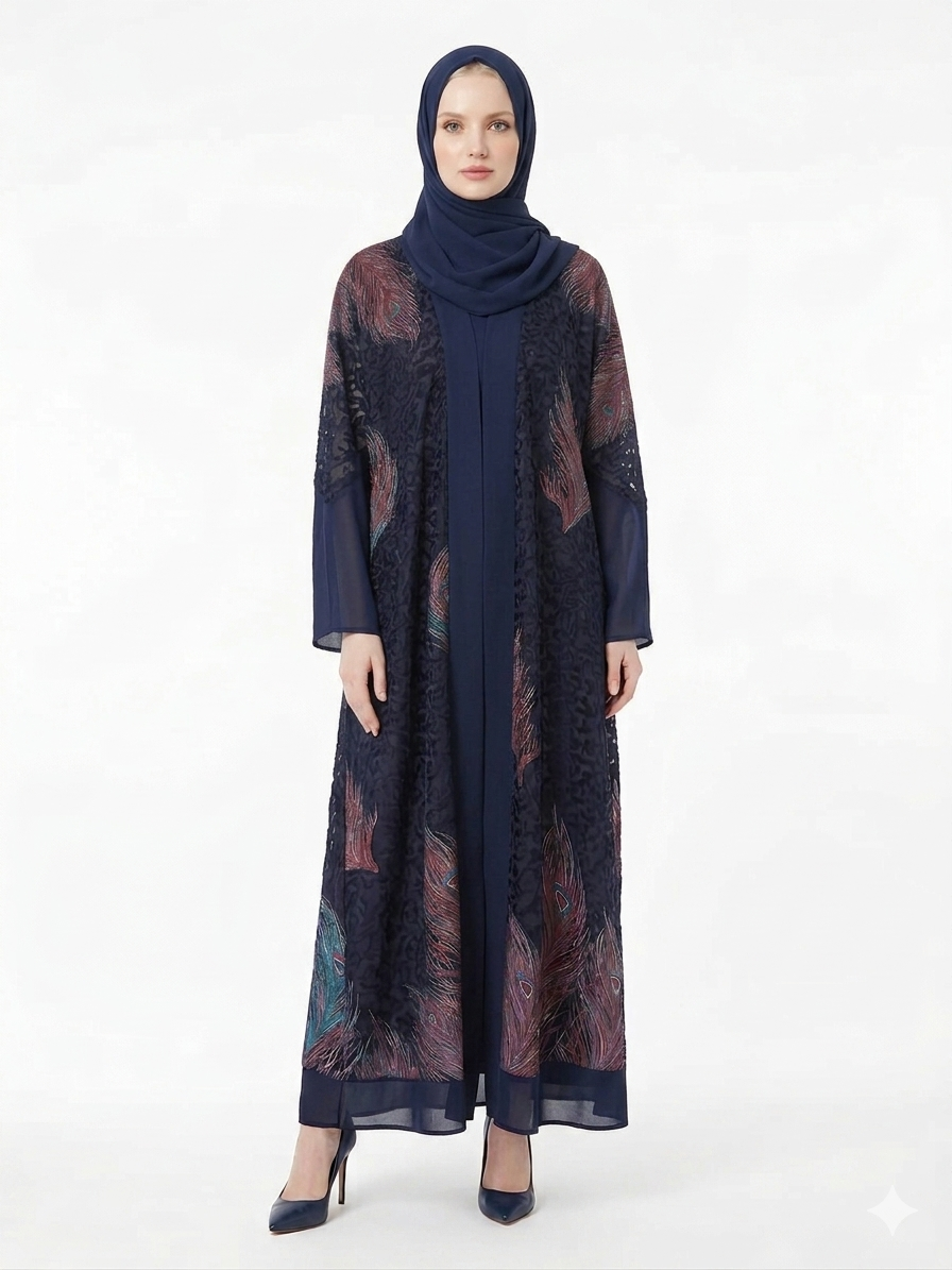 Glamoura X Midnight Navy Sheer Chiffon Printed Abaya | Luxury Modest Wear