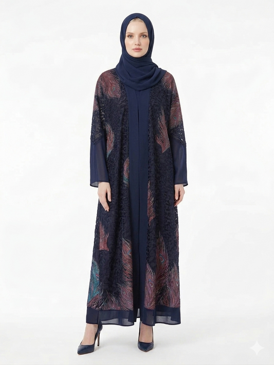 Glamoura X Midnight Navy Sheer Chiffon Printed Abaya | Luxury Modest Wear